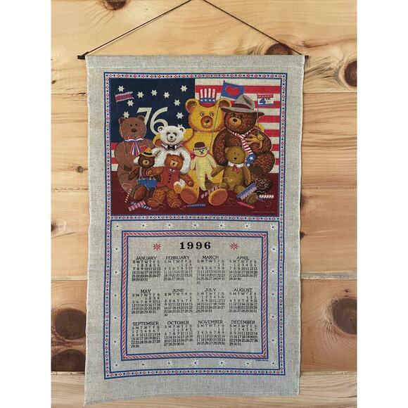 VTG Kay Dee Linen Blend Tea Towel/Wall Hanger. 1996 Calendar. Teddy bears. USA - Picture 1 of 4